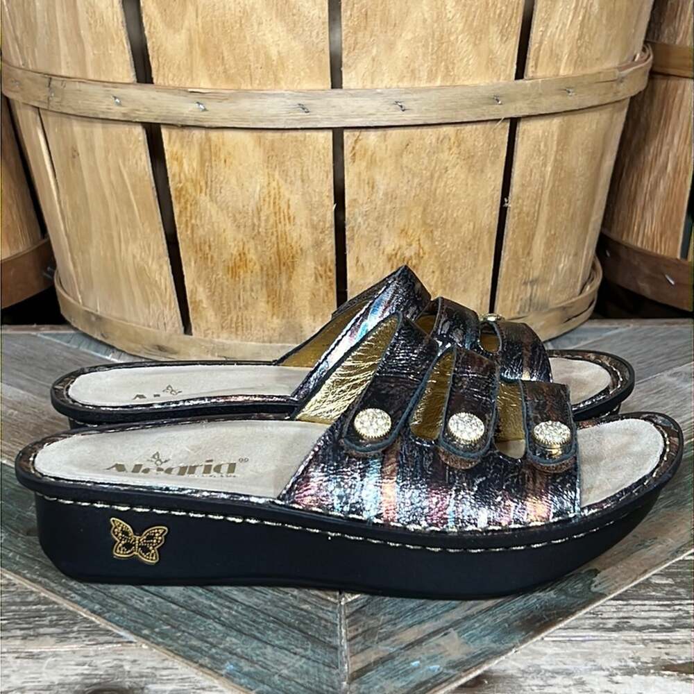 Alegria Fiona Black Brown Earthen Metallic Leather Slide Sandal Women US 8 EU 38